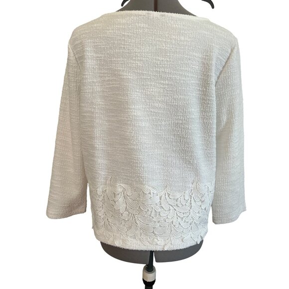 Ann Taylor Womens Off-White Textured Knit Top With 3/4 Sleeves Lace Hem Detail M - Picture 3 of 8